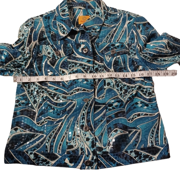 RUBY RD. Blue Black Swirl Print Iridescent Square Embellished Button Jacket 10P - Picture 3 of 5